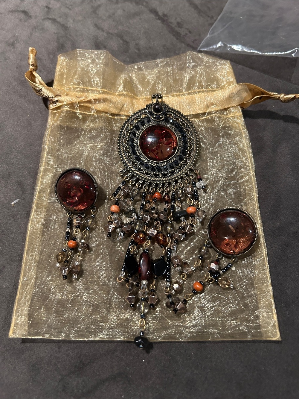 Bohemian Amber Glass Bead Dangle Pendant Necklace and Earrings Set